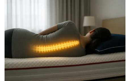 Femme allongée sur un matelas à mémoire de forme, dos bien aligné, illustrant le confort et le soutien ergonomique.