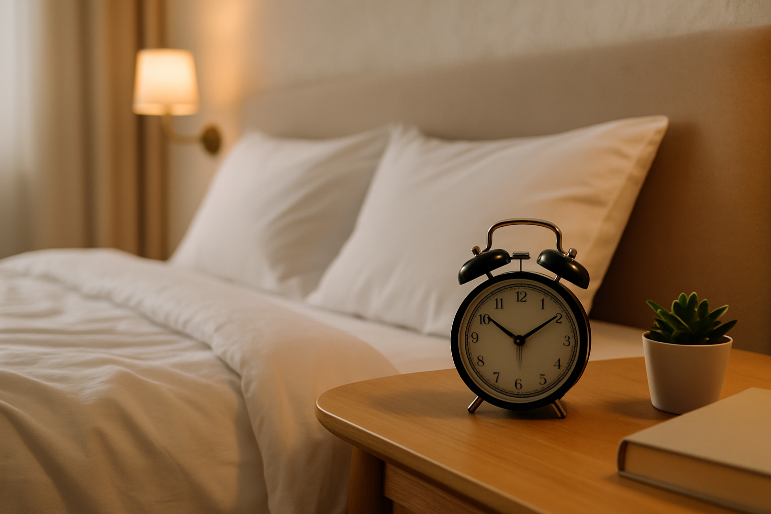 Un lit avec un réveil sur la table de chevet illustrant l'article qui donne des conseils pour mieux dormir