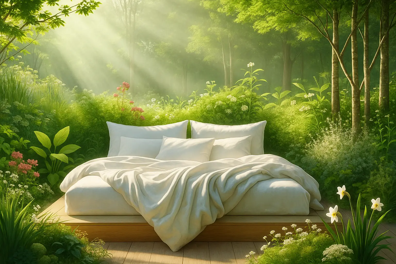 Lit dans un décors dans la nature illustrant la nouvelle saison