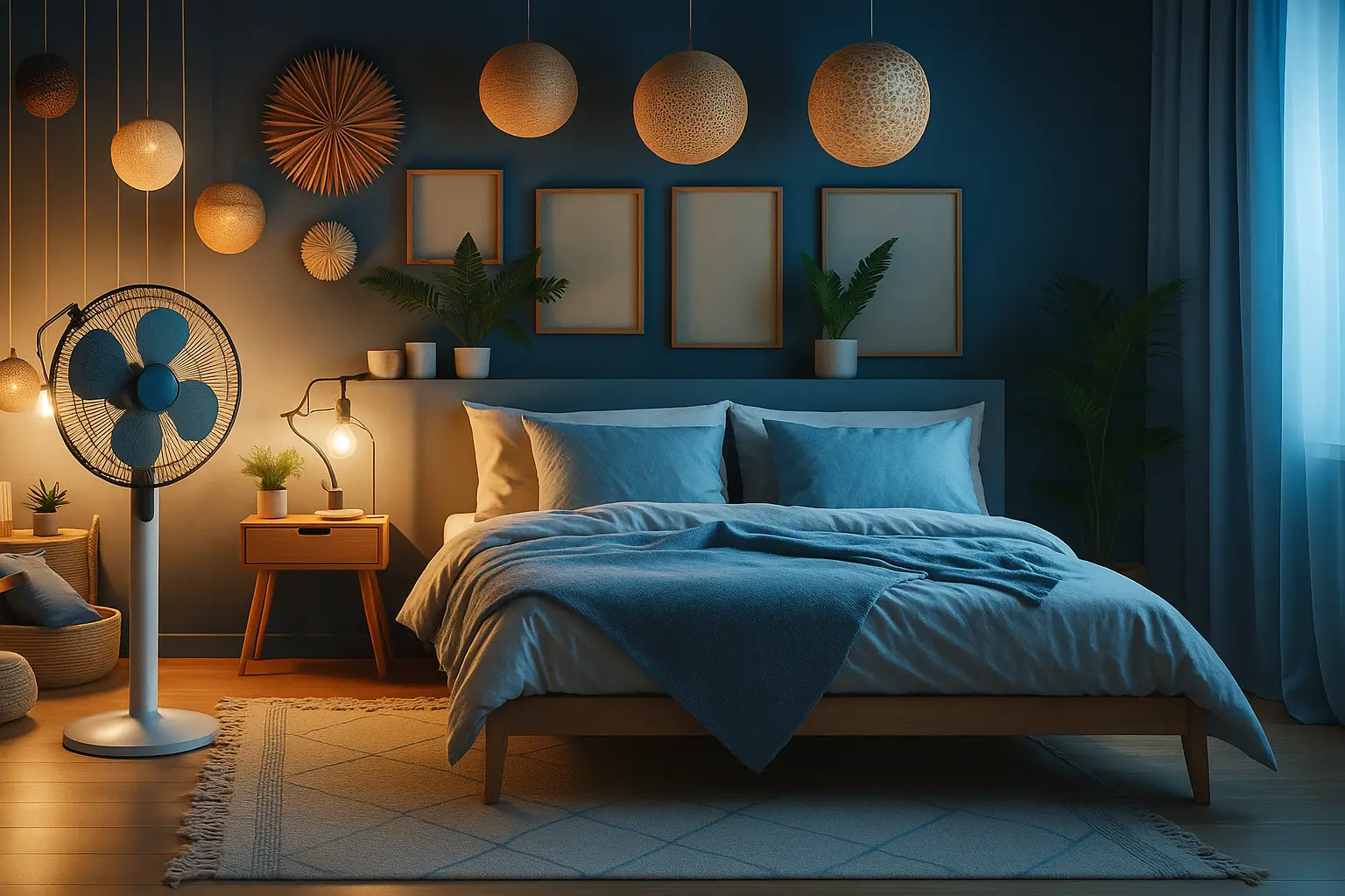 Lit avec un ventilateur représentant la fraicheur à côté