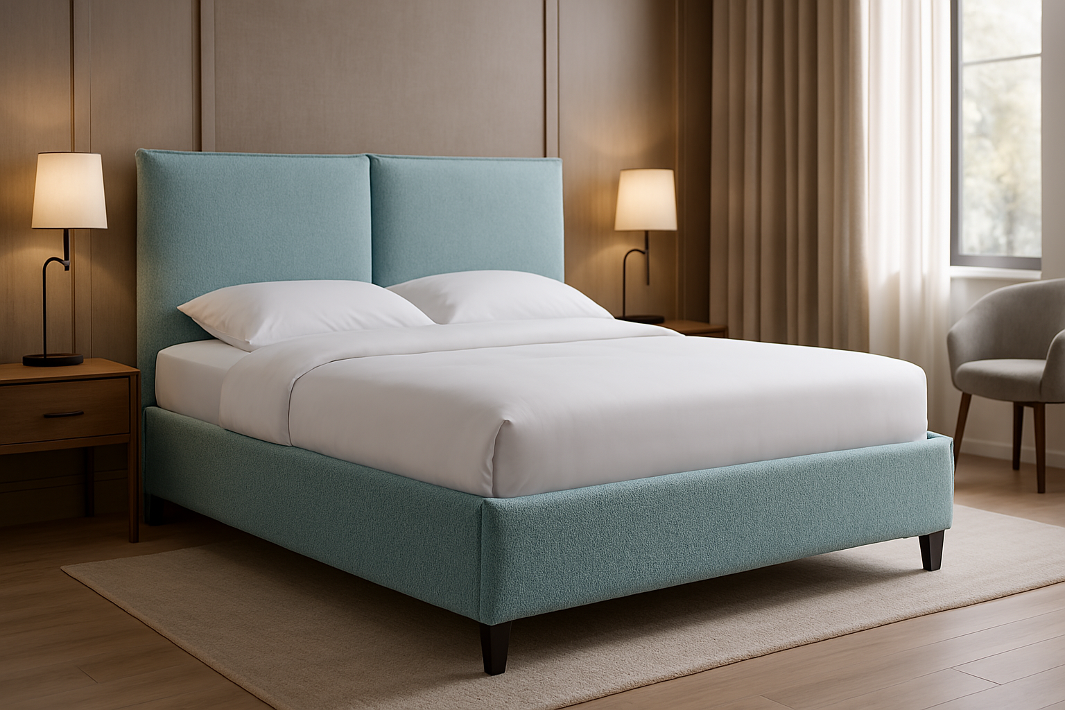 Boxspring disposé dans une chambre design et moderne