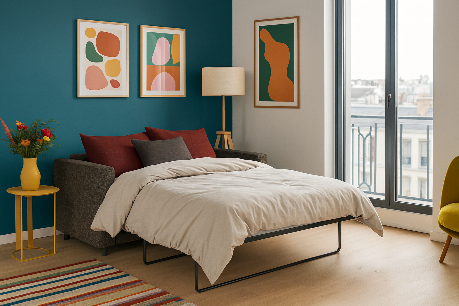 Canapé convertible dans un salon , pratique pour les petits espaces