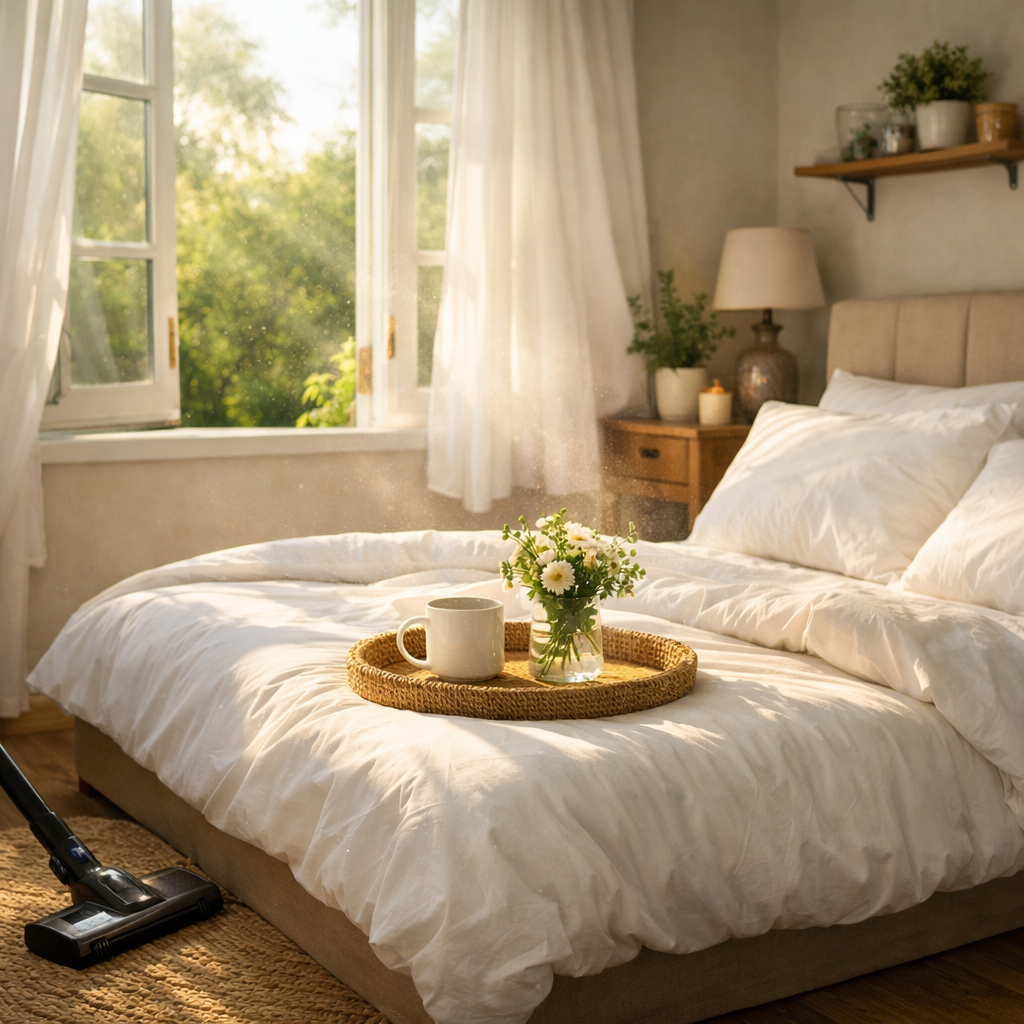 Aspirateur dans une chambre illustrant le renouveau du printemps