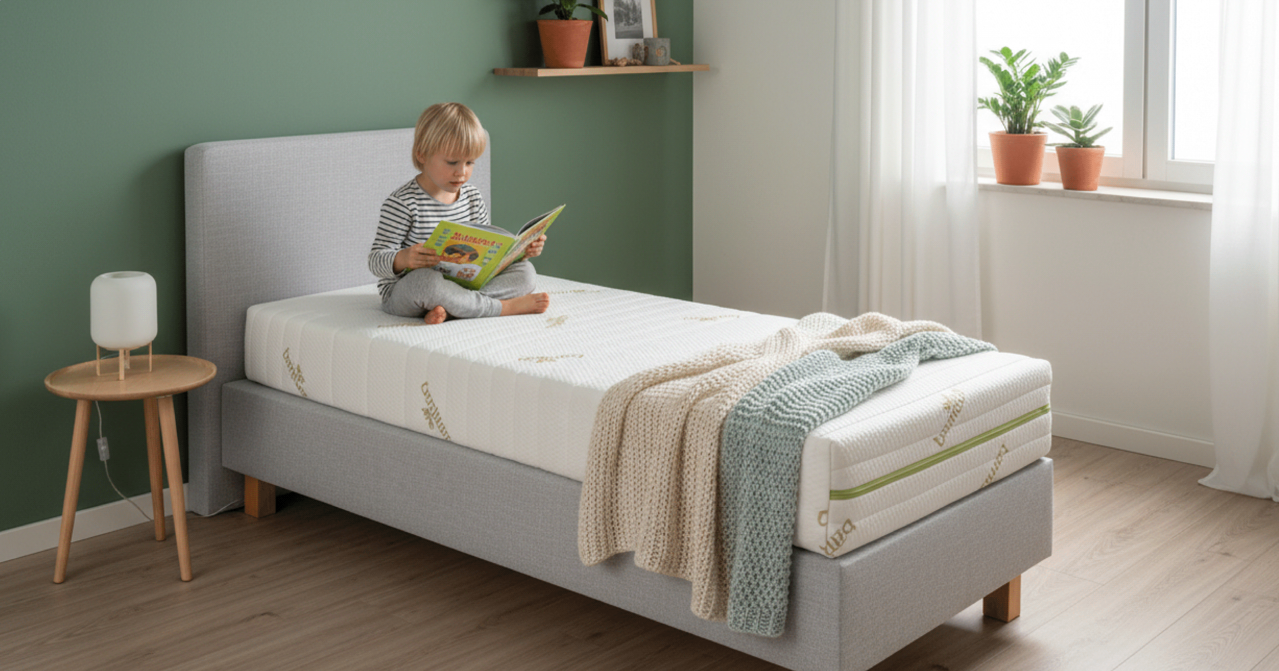 photo d'un enfant qui lit un livre sur son matelas paris