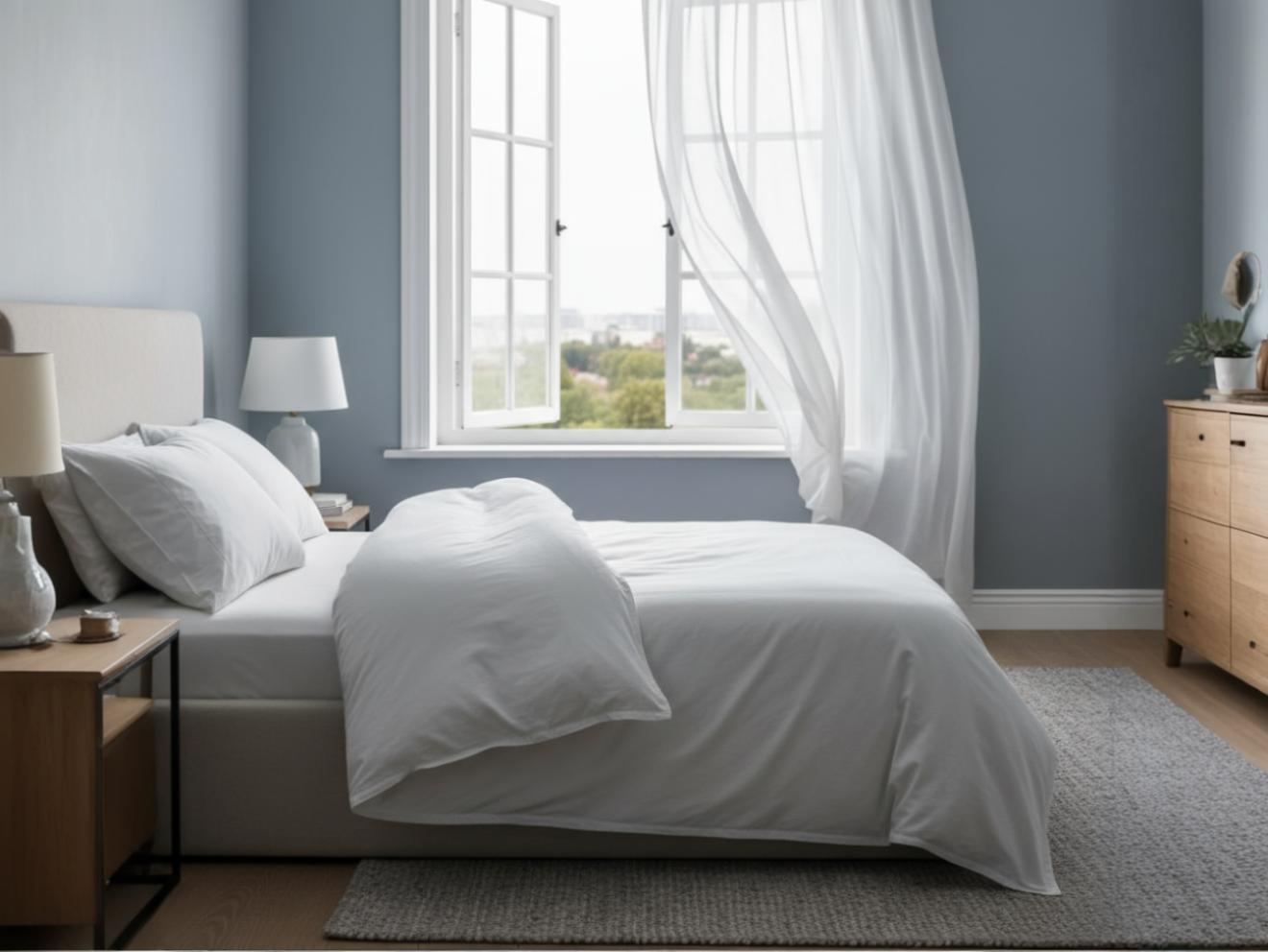 Photo d'une chambre, couette repliée et fenêtre grande ouverte