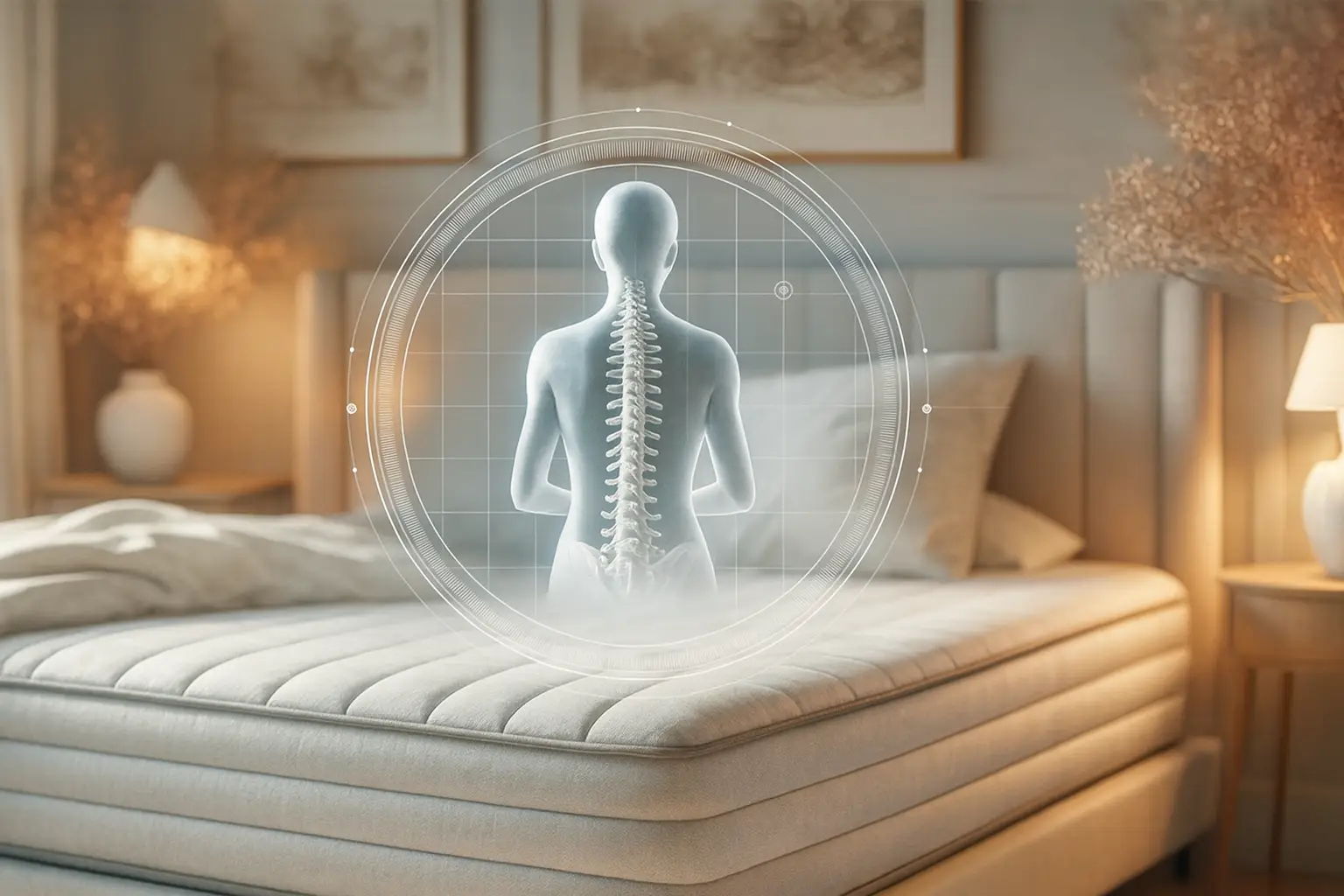Literie ergonomique, personne posée sur un lit avec une position ergonomique illustrée