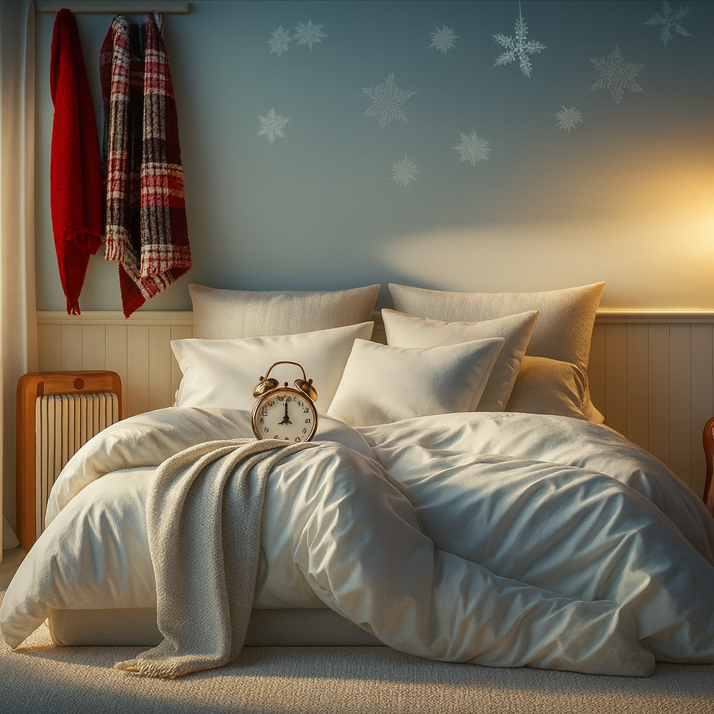 Un lit avec un réveil posé dessus ainsi que différents éléments représentants l'hiver dans la chambre
