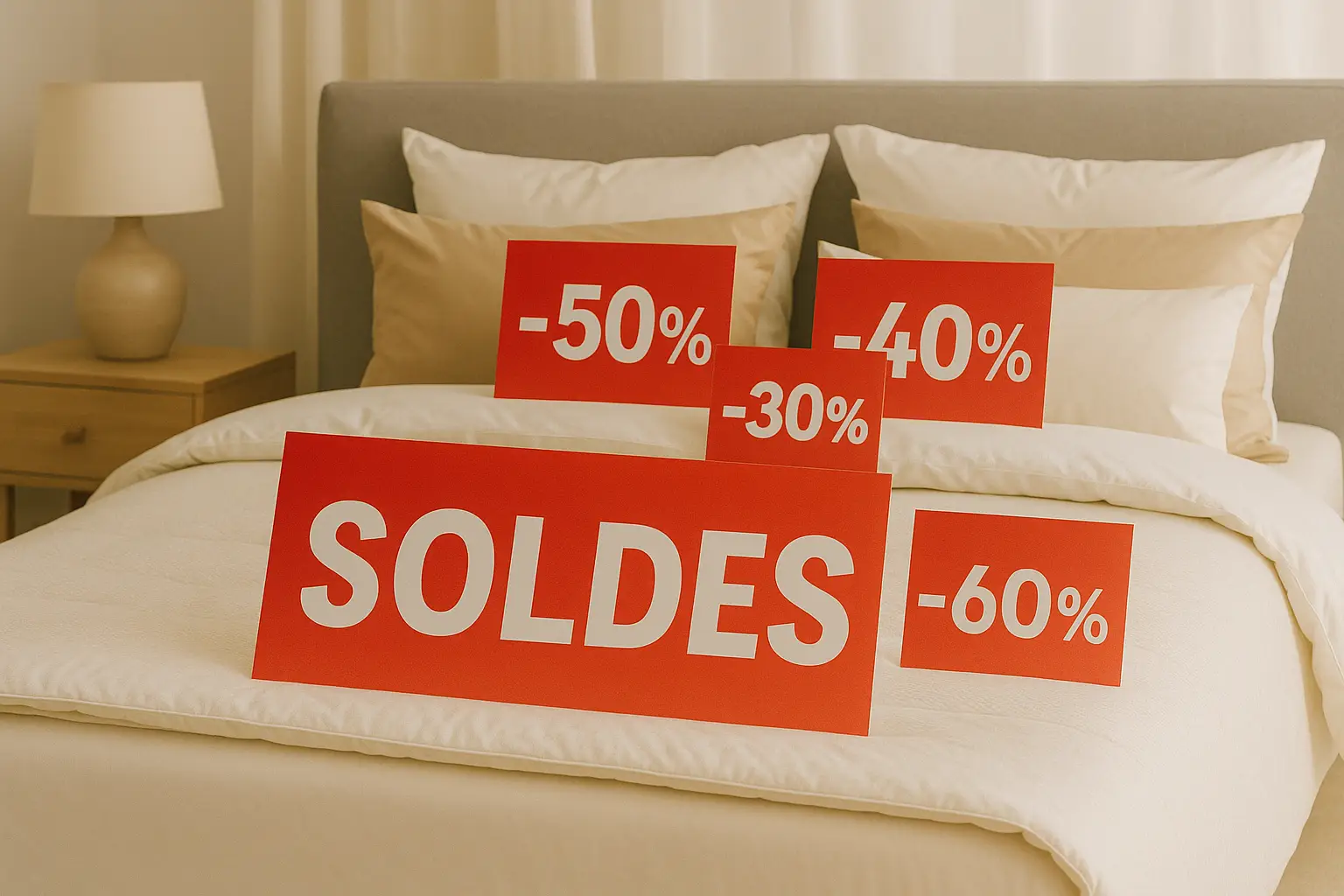 Image d'un lit avec des panneaux soldes posés dessus
