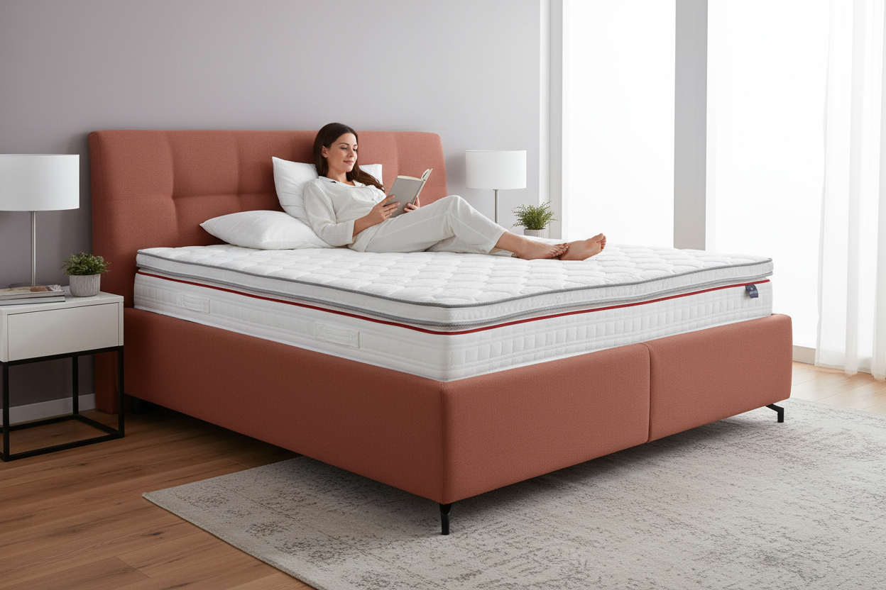 Matelas avec un surmatelas, femme allongée dans le lit