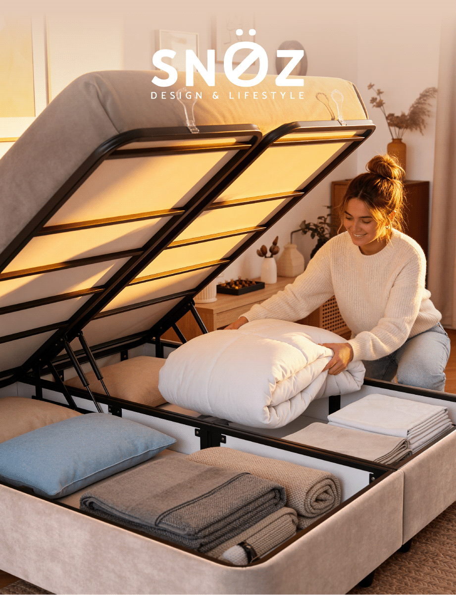 Une jeune femme range une couette dans le lit-coffre Sonara