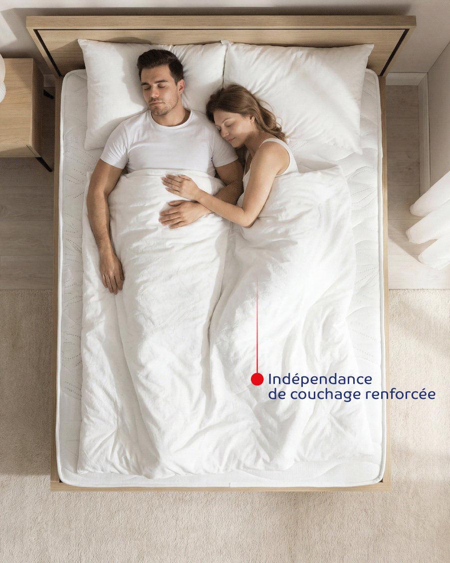 Vue plongeante d'un couple sur un matelas Ona mettant en avant l'indépendance de couchage. Photo lifestyle, belle luminosité