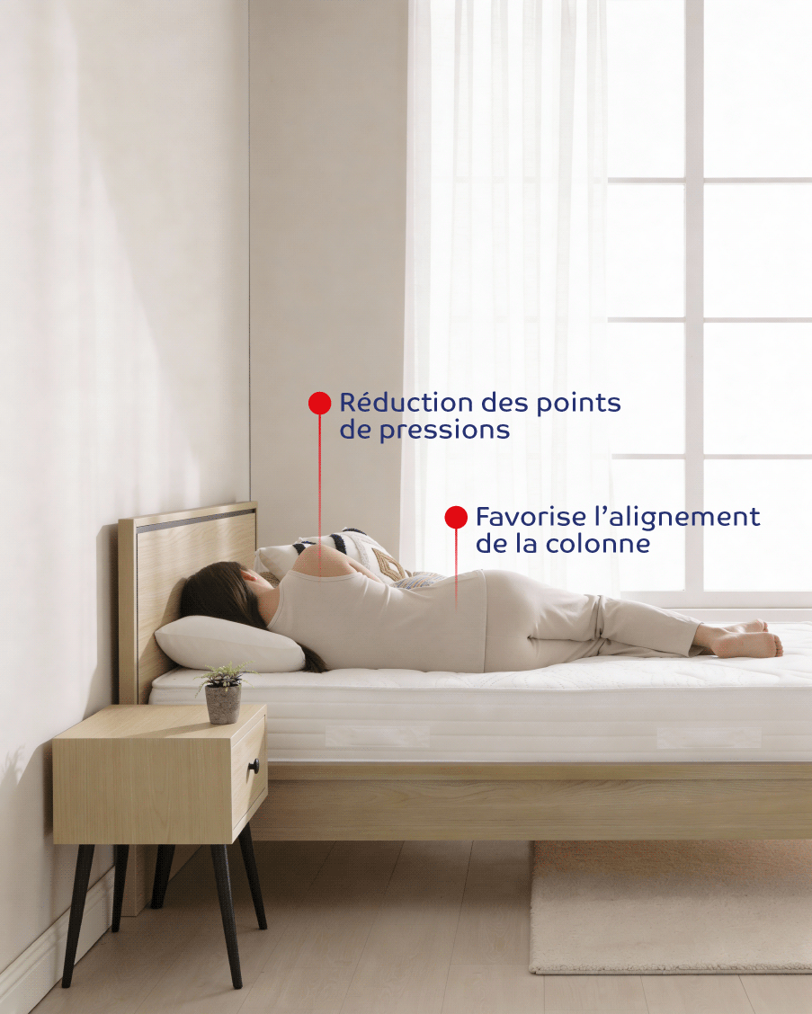 femme allongée sur le matelas Ona, mettant en avant l'alignement du dos et le soulagement des points de pressions