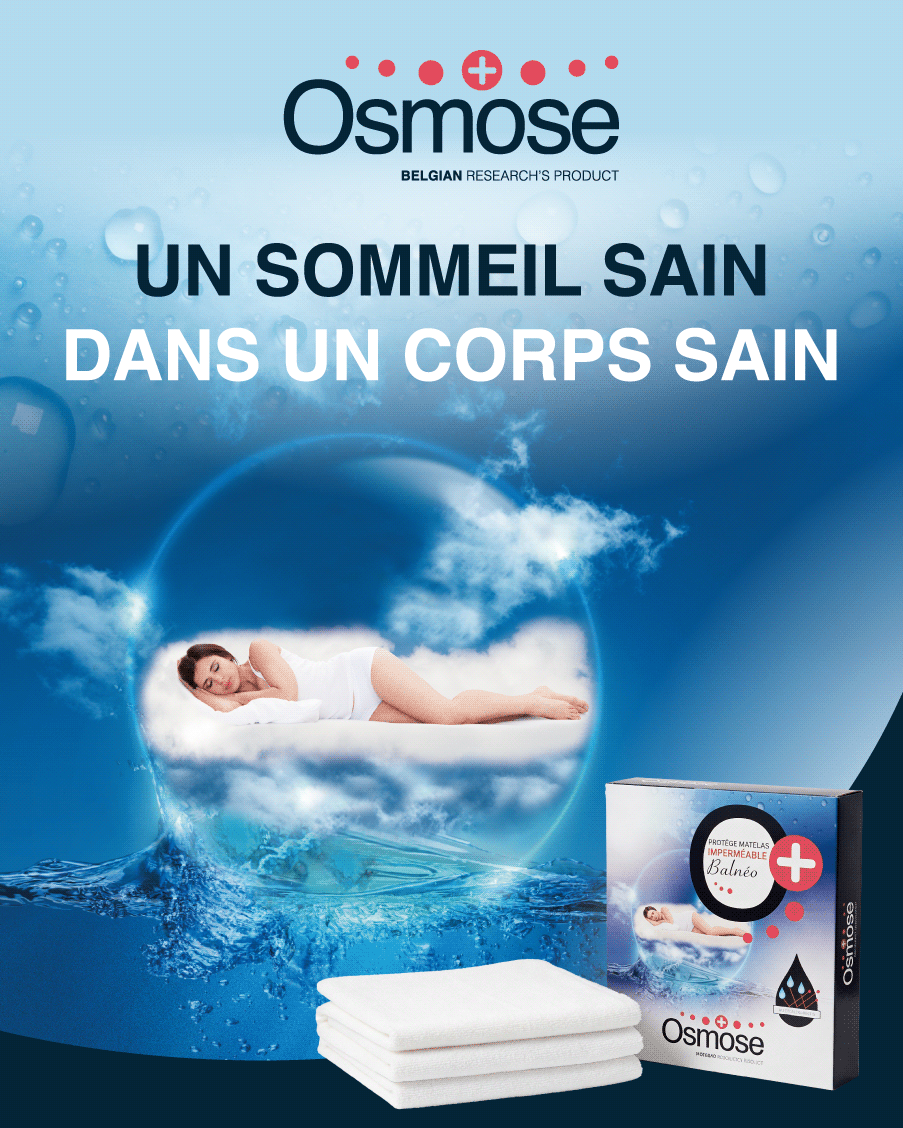 Affiche publicitaire du protège-matelas Balneo de la marque Osmose.  Un sommeil sain dans un corps sain