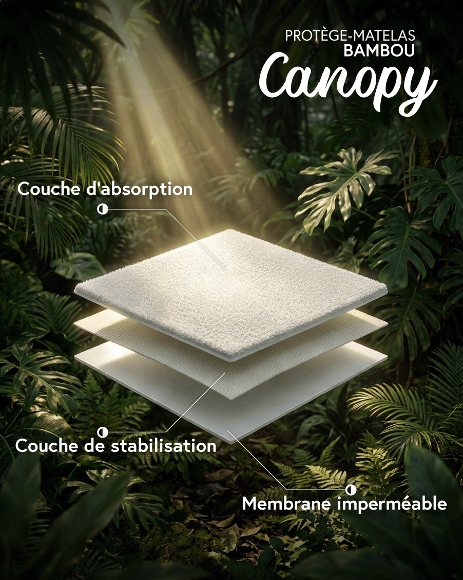 illustration technologique des couches du protège matelas : absorbante, stabilisante et imperméable