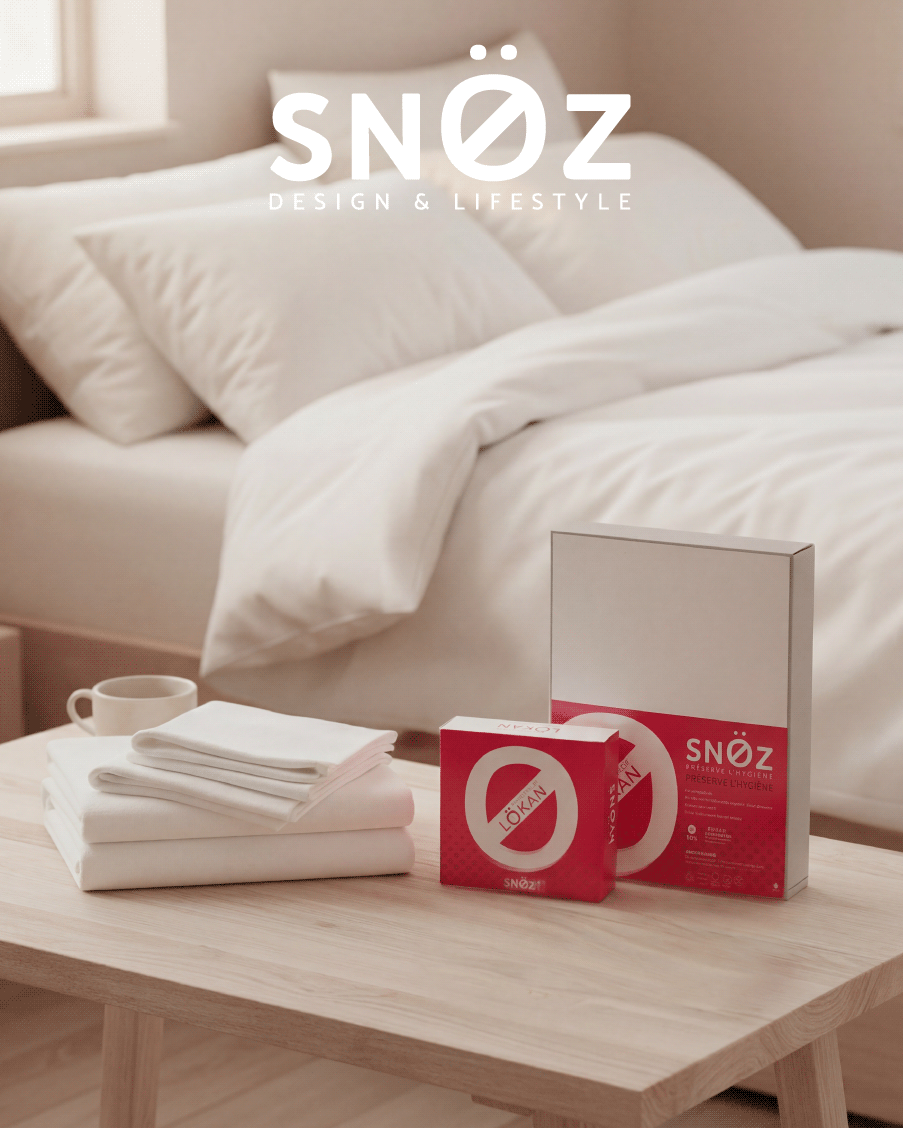 Photo des packagings du protège-matelas et protège Oreiller Lokan posé sur une table devant un lit dans une ambiance lumineuse et douce