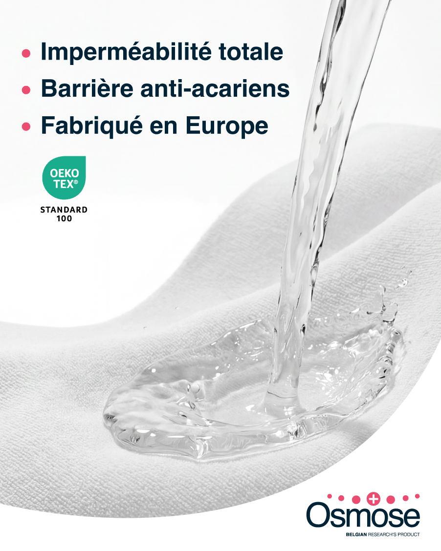 Mise en avant des qualités du protège oreiller balnéo : imperméabilité, barrière anti-acarien, fabrication européenne